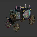 Vintage Wooden Carriage With Decorative Golden Patterns Black Roof And Red Seats
