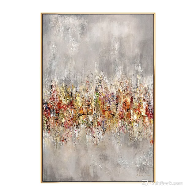 Colorful Abstract Painting With Gray Background And Vibrant Red Yellow Brush Strokes 3d model 