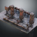 Rusty Industrial Model With Cylindrical Tanks Connected Pipes On Metal Platform 3d model