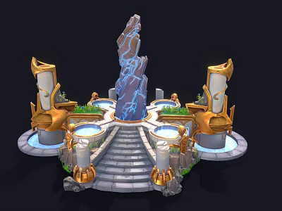 Cartoon Scene With Central Blue Lightning Rock Golden Pillars Circular Pools Steps And Green Plants 3d model