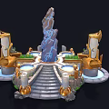 Cartoon Scene With Central Blue Lightning Rock Golden Pillars Circular Pools Steps And Green Plants
