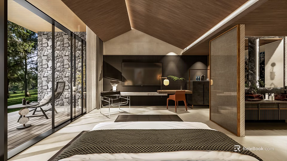 Modern Hotel Room Interior With Wooden Ceiling Stone Wall Large Windows TV Desk And Bed 3d model 