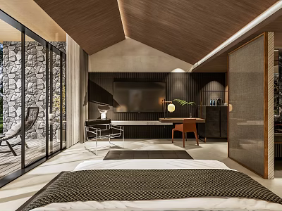 Modern Hotel Room Interior With Wooden Ceiling Stone Wall Large Windows TV Desk And Bed 3d model