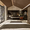 Modern Hotel Room Interior With Wooden Ceiling Stone Wall Large Windows TV Desk And Bed