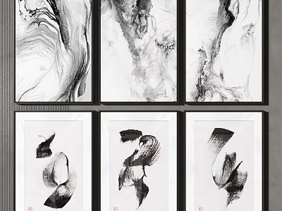 Abstract Black And White Ink Paintings With Framed Brush Strokes Wall Art 3d model