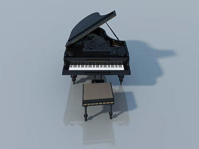 Black Grand Piano With Matching Stool On Light Gray Reflective Background Surface 3d model