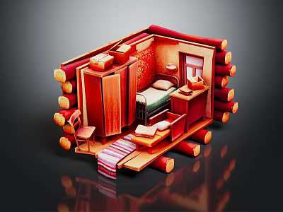 Cartoon Style Log Cabin Interior With Cozy Bed Table Chair And Colorful Rug 3d model