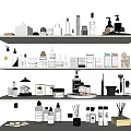 Neat Bathroom Accessories Display On White Shelves With Bottles Diffusers And Tools 3d model
