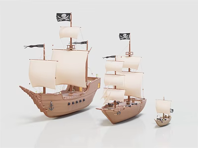 Wooden Ship Models With White Sails And Black Pirate Flags In Various Sizes 3d model