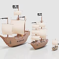 Wooden Ship Models With White Sails And Black Pirate Flags In Various Sizes