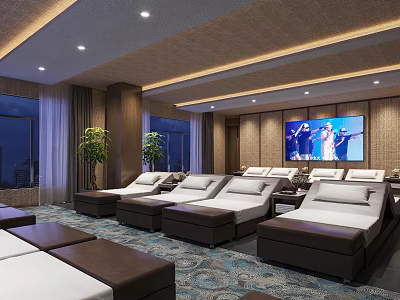 Luxurious SPA Sauna Interior With Comfortable Loungers Large Screen TV Green Plants And Wooden Decor 3d model