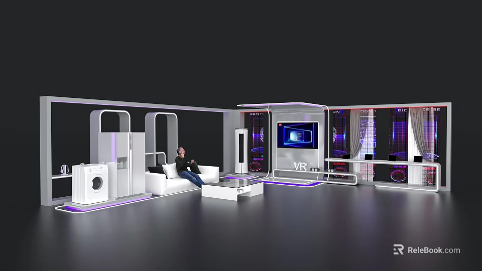 Exhibition Island Design With Modern Display Cabinets Screen And Appliances 3d model 