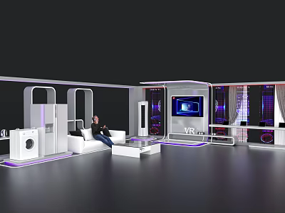 Exhibition Island Design With Modern Display Cabinets Screen And Appliances 3d model