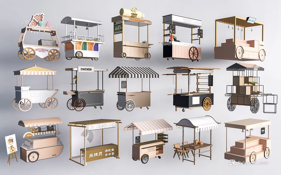 Various Mobile Food Carts With Canopy Wheels And Storage Designs For Street Vending 3d model 