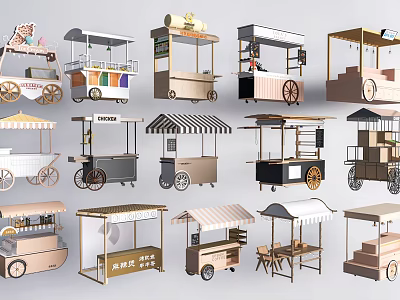Various Mobile Food Carts With Canopy Wheels And Storage Designs For Street Vending 3d model