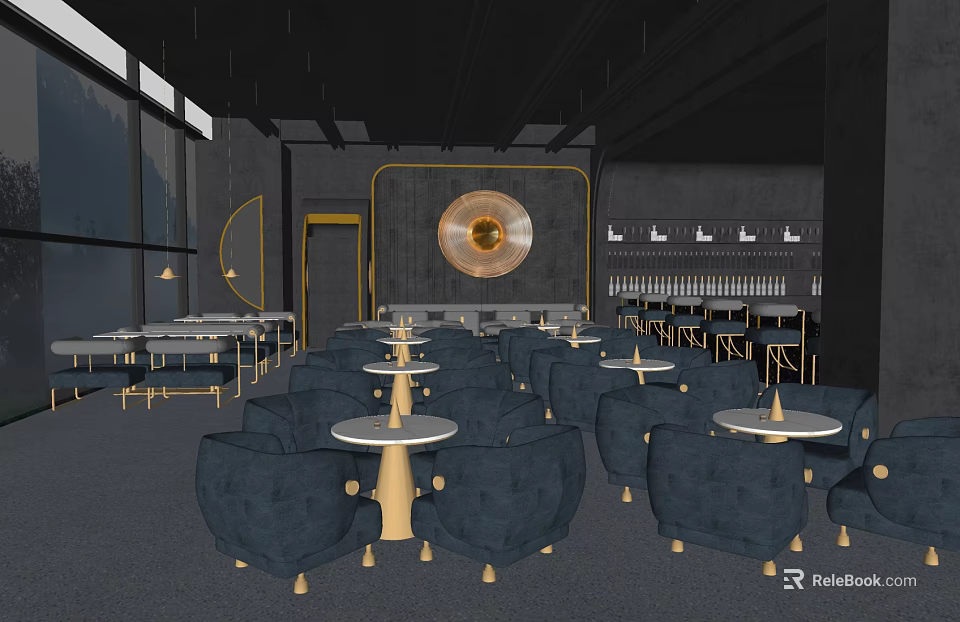 Modern Bar Interior With Dark Blue Seats Round Tables And Gold Decor Elements 3d model