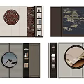 Chinese Style Sofa Background Wall Design With Circular Decoration Wooden Elements And Landscape Patterns 3d model