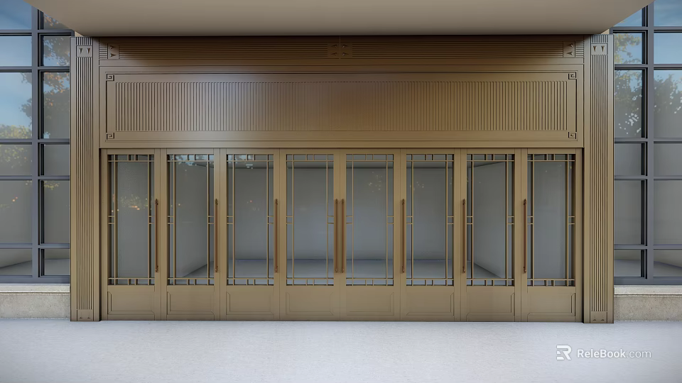 Golden Entrance Gate with Multiple Glass Doors and Decorative Frames 3d model 