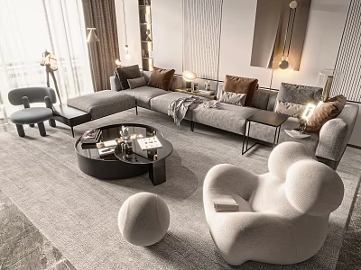 Modern Gray Sofa And Coffee Table Set With Multiple Cushions Accent Chair And Area Rug 3d model