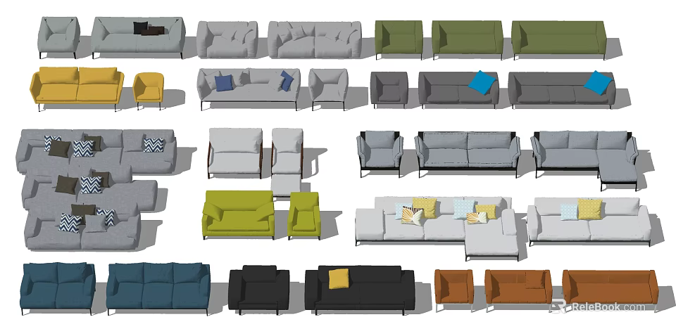 Modern Sofa Sets With Various Colors And Different Combinations Including Cushions 3d model
