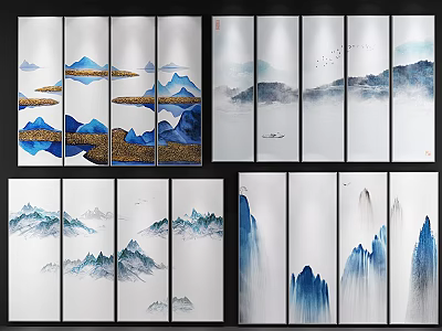 Chinese Ink Landscape Paintings With Blue Mountains Misty Clouds And Water Reflections 3d model