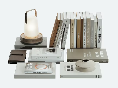 Stacked Books And Magazines With Different Cover Styles And Decorative Table Lamp 3d model