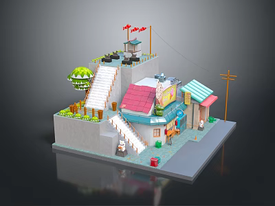 3D Model of Small Buildings with Red Blue Roofs Staircase Green Tree and Street Lamp 3d model