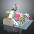 3D Model of Small Buildings with Red Blue Roofs Staircase Green Tree and Street Lamp