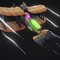Cartoon Fighter Jet With Wooden Wings Green Engine Purple Pink Lights Flying With Speed Lines