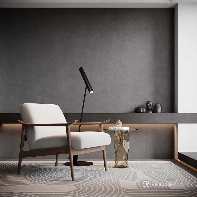 Modern Single Sofa with Floor Lamp Side Table and Decorative Objects in Minimalist Interior 3d model