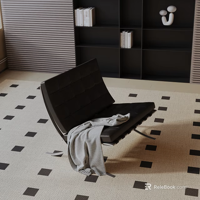 Modern Black Lounge Chair With Gray Blanket On Geometric Rug In Room 3d model 