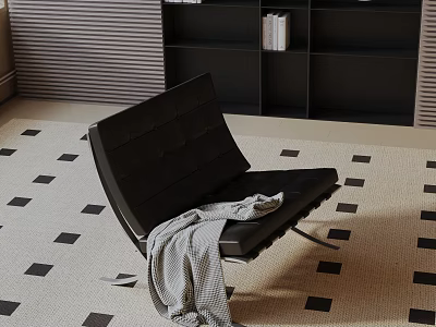 Modern Black Lounge Chair With Gray Blanket On Geometric Rug In Room 3d model