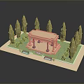 3D Model of Miniature Park With Pavilion Trees Bushes and Benches