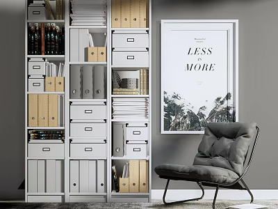 Modern Bookcase With Drawers Open Shelves Books Folders Near Grey Armchair Decorative Wall Art 3d model