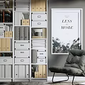 Modern Bookcase With Drawers Open Shelves Books Folders Near Grey Armchair Decorative Wall Art