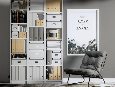 Modern Bookcase With Drawers Open Shelves Books Folders Near Grey Armchair Decorative Wall Art 3d model