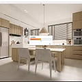 Modern Kitchen Interior With Light Wood Cabinets Island Refrigerator And Blinds
