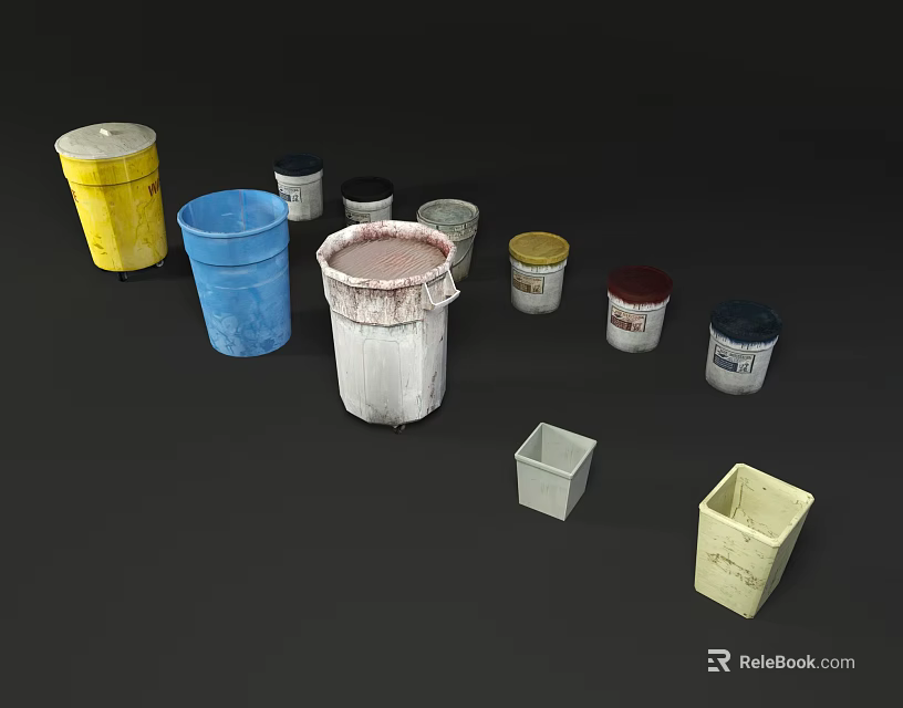 Assorted Colored Trash Cans And Waste Bins In Various Sizes And Shapes 3d model 