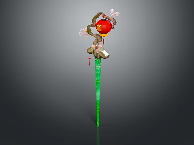 Traditional Decorative Stick With Green Pole Red Spherical Ornament And Pink Flowers 3d model