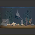 Aquatic Animals Scene in Blue Polyhedron Container with Whale and Aquatic Plants