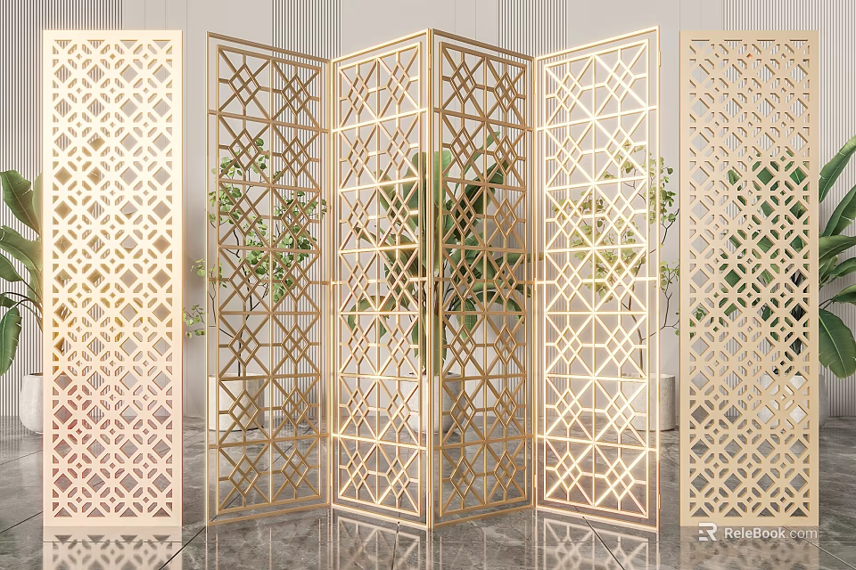 Elegant Modern Golden Laser Cut Screen With Geometric Patterns For Interior Decoration 3d model