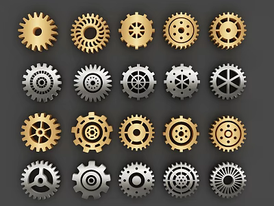 Gold and Silver Metal Gears Collection Arranged in Rows on Dark Background 3d model