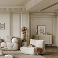 Elegant Living Room Interior With Beige Sofa White Coffee Table Decorative Paintings Wainscoting And Chandelier