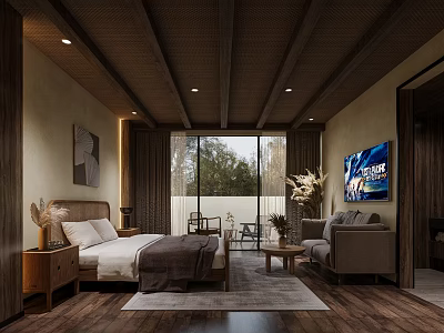 Cozy Hotel Guest Room With Wooden Ceiling Bed Sofa Large Window And Decorative Rug 3d model