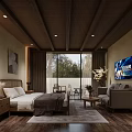 Cozy Hotel Guest Room With Wooden Ceiling Bed Sofa Large Window And Decorative Rug