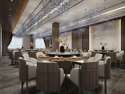 Luxurious Private Dining Box Interior Design With Round Dining Table Comfortable Chairs And Decorative Chandeliers 3d model