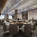 Luxurious Private Dining Box Interior Design With Round Dining Table Comfortable Chairs And Decorative Chandeliers