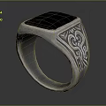 Silver Ring with Square Black Gemstone and Intricate Carved Patterns on Band