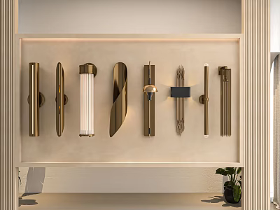 Modern Wall Lamps Various Styles with Brass Finishes Displayed on Shelf 3d model