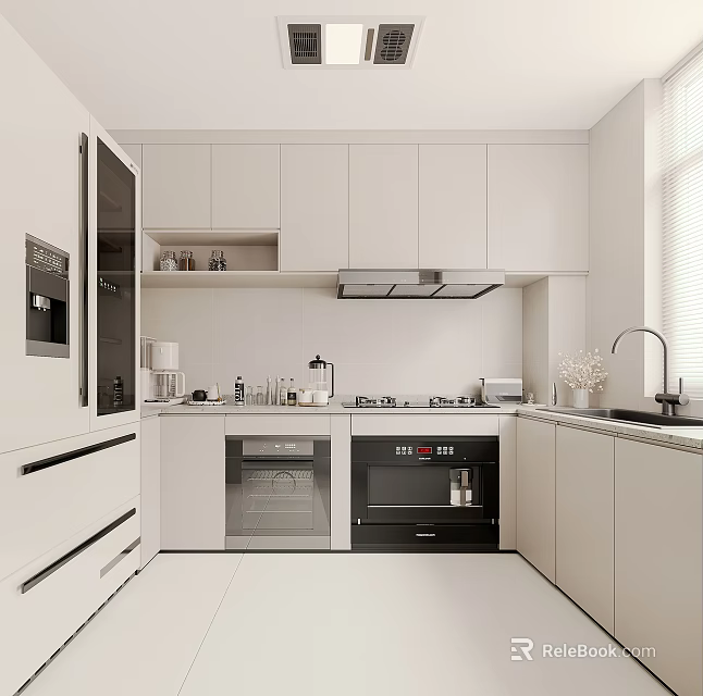 Modern White Kitchen Interior Design With Built in Appliances And White Cabinets 3d model 